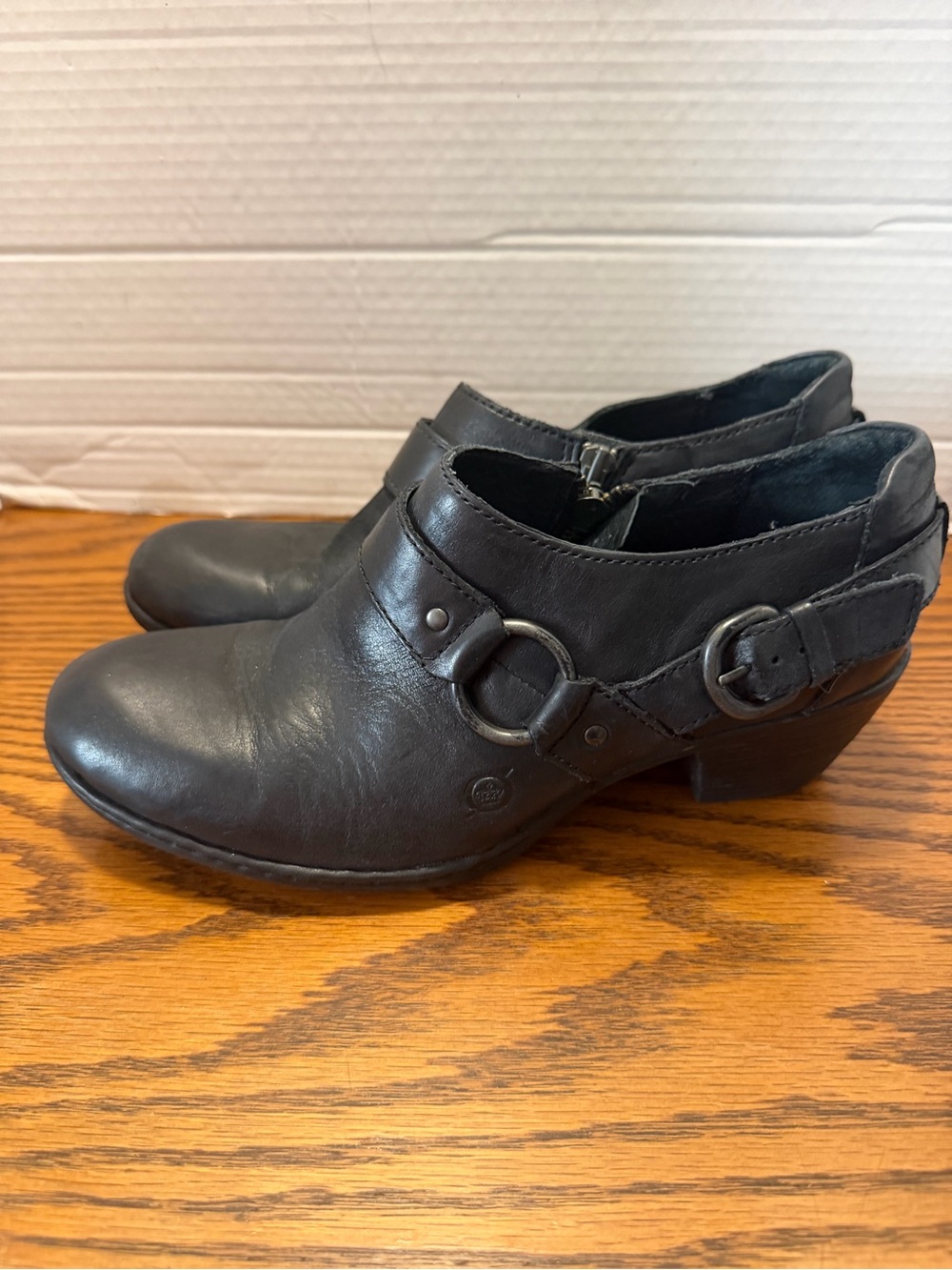 Born Black Leather Ankle Booties with Side Buckle Detail easy on and off. Cute